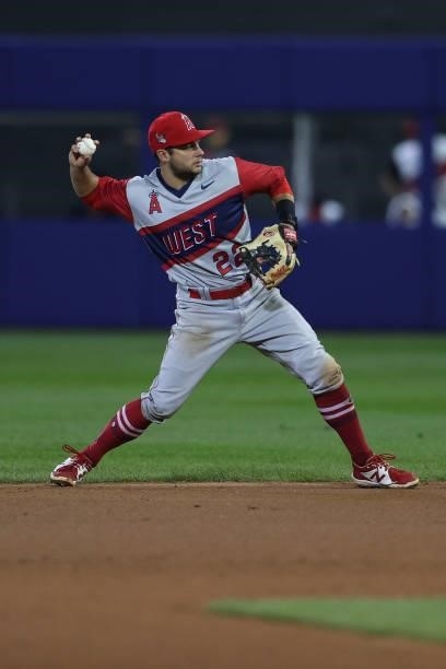 David Fletcher of the Los Angeles Angels fields against the Cleveland Indians in the 2021 Little League Classic at Bowman Field on August 22, 2021 in...