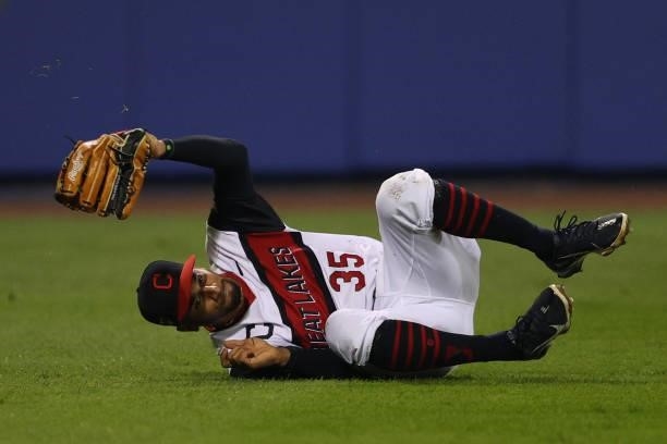 Oscar Mercado of the Cleveland Indians makes a catch against the Los Angeles Angels in the 2021 Little League Classic at Bowman Field on August 22,...