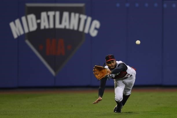Oscar Mercado of the Cleveland Indians makes a catch against the Los Angeles Angels in the 2021 Little League Classic at Bowman Field on August 22,...