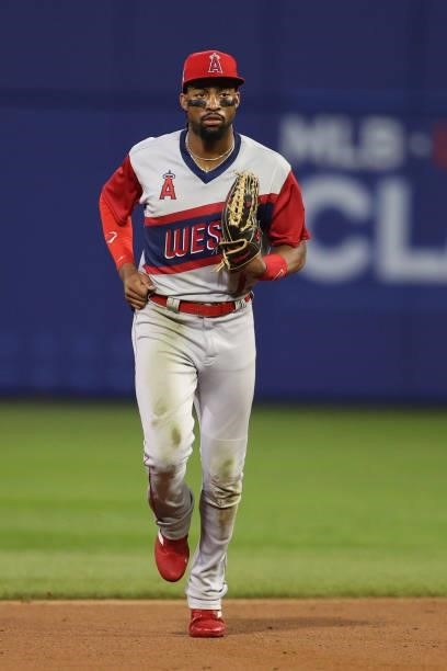 Jo Adell of the Los Angeles Angels in action against the Cleveland Indians in the 2021 Little League Classic at Bowman Field on August 22, 2021 in...