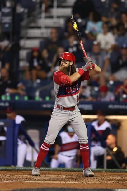 Brandon Marsh of the Los Angeles Angels in action against the Cleveland Indians in the 2021 Little League Classic at Bowman Field on August 22, 2021...