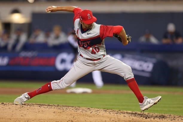 Steve Cishek of the Los Angeles Angels pitches against the Cleveland Indians in the 2021 Little League Classic at Bowman Field on August 22, 2021 in...