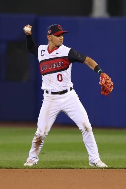 Andres Gimenez of the Cleveland Indians fields against the Los Angeles Angels in the 2021 Little League Classic at Bowman Field on August 22, 2021 in...