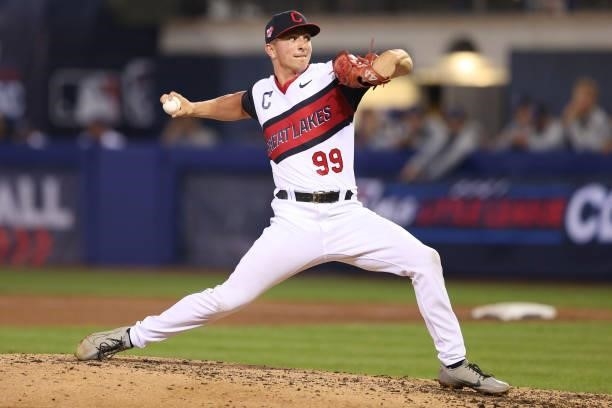 James Karinchak of the Cleveland Indians pitches against the Los Angeles Angels in the 2021 Little League Classic at Bowman Field on August 22, 2021...