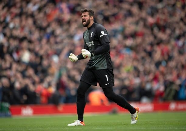 Liverpool goalkeeper Alisson during the Premier League match between Liverpool and Burnley at Anfield on August 21, 2021 in Liverpool, England.