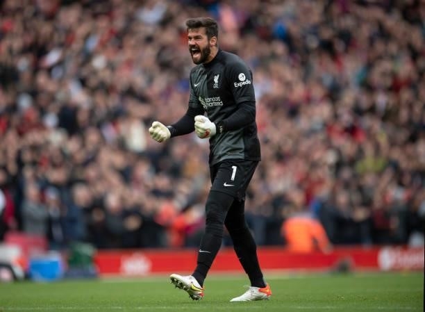 Liverpool goalkeeper Alisson during the Premier League match between Liverpool and Burnley at Anfield on August 21, 2021 in Liverpool, England.