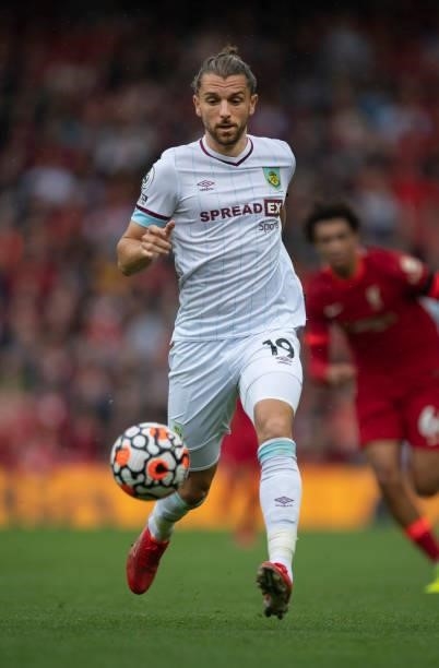 Jay Rodriguez of Burnley in action during the Premier League match between Liverpool and Burnley at Anfield on August 21, 2021 in Liverpool, England.