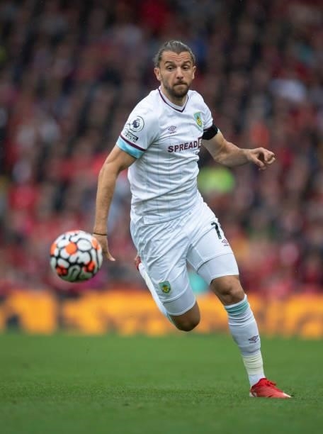 Jay Rodriguez of Burnley in action during the Premier League match between Liverpool and Burnley at Anfield on August 21, 2021 in Liverpool, England.