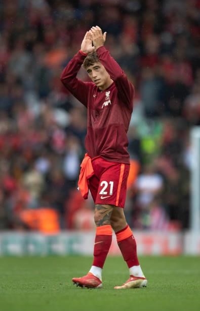 Konstantinos Tsimikas of Liverpool applauds the fans after the Premier League match between Liverpool and Burnley at Anfield on August 21, 2021 in...