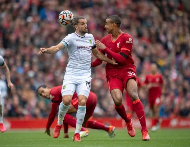 Joel Matip of Liverpool and Jay Rodriguez of Burnley in action during the Premier League match between Liverpool and Burnley at Anfield on August 21,...