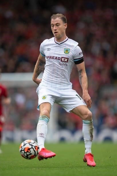 Ashley Barnes of Burnley in action during the Premier League match between Liverpool and Burnley at Anfield on August 21, 2021 in Liverpool, England.