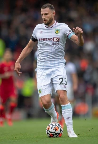 Erik Pieters of Burnley in action during the Premier League match between Liverpool and Burnley at Anfield on August 21, 2021 in Liverpool, England.