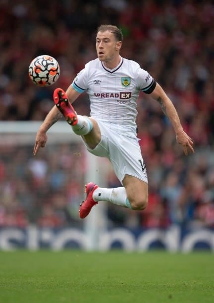 Ashley Barnes of Burnley in action during the Premier League match between Liverpool and Burnley at Anfield on August 21, 2021 in Liverpool, England.
