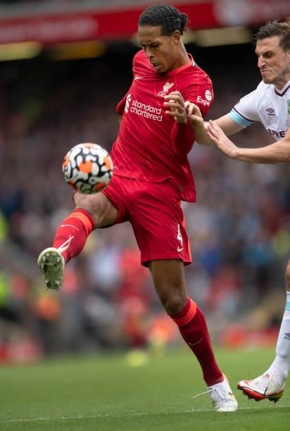 Virgil van Dijk of Liverpool in action during the Premier League match between Liverpool and Burnley at Anfield on August 21, 2021 in Liverpool,...
