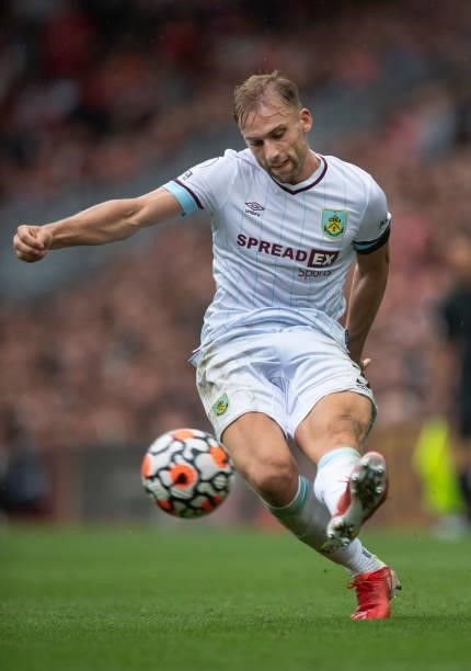 Charlie Taylor of Burnley in action during the Premier League match between Liverpool and Burnley at Anfield on August 21, 2021 in Liverpool, England.