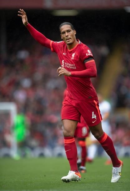Virgil van Dijk of Liverpool in action during the Premier League match between Liverpool and Burnley at Anfield on August 21, 2021 in Liverpool,...