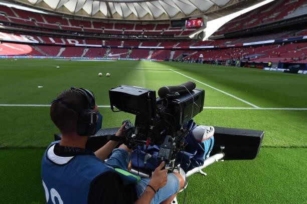 Tv cameraman sets up prior to the La Liga Santander match between Club Atletico de Madrid and Elche CF at Estadio Wanda Metropolitano on August 22,...