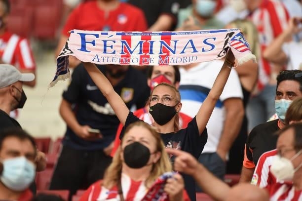 An Atletico Madrid fans wearing a face mask raises a scarf prior to the La Liga Santander match between Club Atletico de Madrid and Elche CF at...