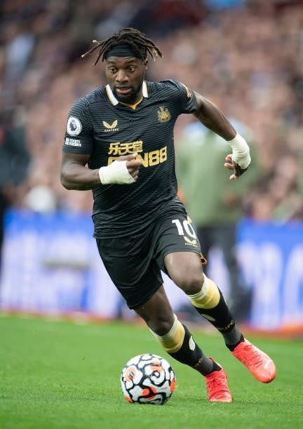 Allan Saint-Maximin of Newcastle United during the Premier League match between Aston Villa and Newcastle United at Villa Park on August 21, 2021 in...