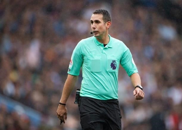 Referee David Coote during the Premier League match between Aston Villa and Newcastle United at Villa Park on August 21, 2021 in Birmingham, England.