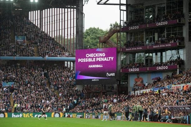 Possible penalty check notice on electronic screen during the Premier League match between Aston Villa and Newcastle United at Villa Park on August...
