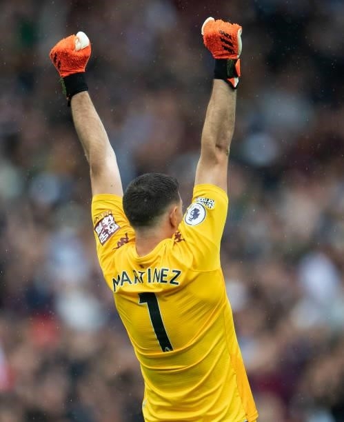 Aston Villa goalkeeper Emiliano Martínez celebrates Villa's second goal during the Premier League match between Aston Villa and Newcastle United at...
