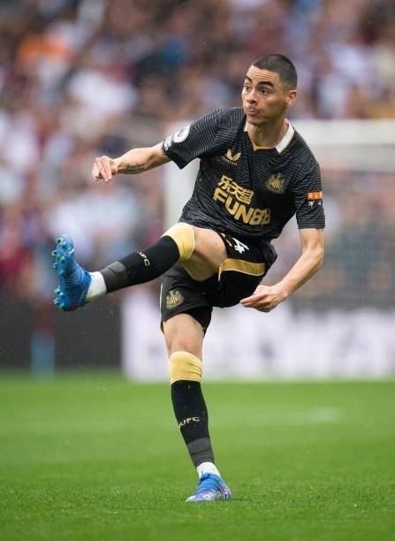 Miguel Almirón of Newcastle United during the Premier League match between Aston Villa and Newcastle United at Villa Park on August 21, 2021 in...