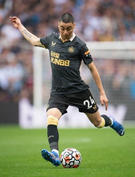 Miguel Almirón of Newcastle United during the Premier League match between Aston Villa and Newcastle United at Villa Park on August 21, 2021 in...