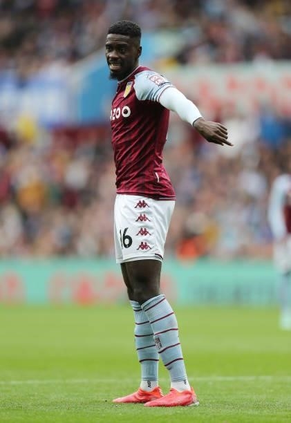 Axel Tuanzebe of Aston Villa during the Premier League match between Aston Villa and Newcastle United at Villa Park on August 21, 2021 in Birmingham,...