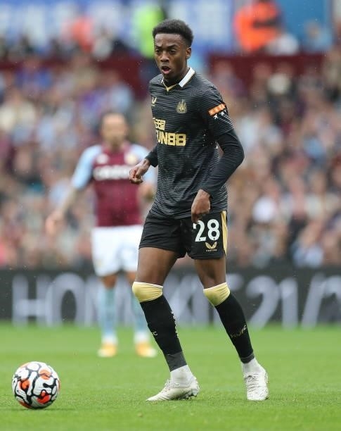 Joseph Willock of Newcastle during the Premier League match between Aston Villa and Newcastle United at Villa Park on August 21, 2021 in Birmingham,...