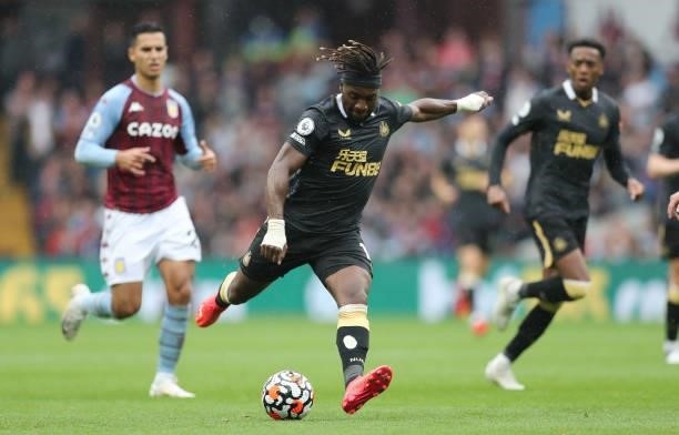 Allan Saint-Maximin of Newcastle during the Premier League match between Aston Villa and Newcastle United at Villa Park on August 21, 2021 in...