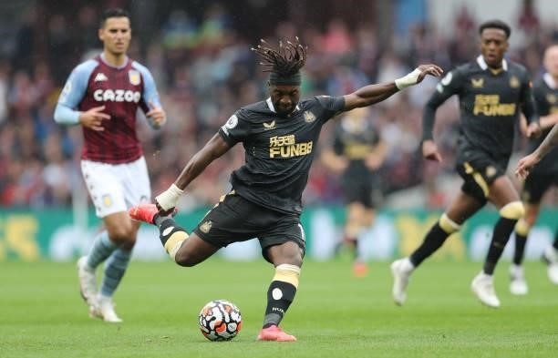 Allan Saint-Maximin of Newcastle during the Premier League match between Aston Villa and Newcastle United at Villa Park on August 21, 2021 in...