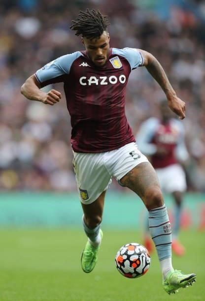Tyrone Mings of Aston Villa during the Premier League match between Aston Villa and Newcastle United at Villa Park on August 21, 2021 in Birmingham,...