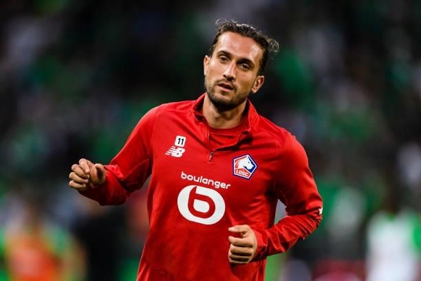 Yusuf Yazici of Lille warming up during the Ligue 1 Uber Eats match between Saint Etienne and Lille at Stade Geoffroy-Guichard on August 21, 2021 in...