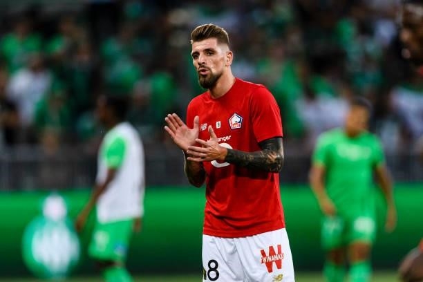 Miguel da Silva Xeka of Lille warming up during the Ligue 1 Uber Eats match between Saint Etienne and Lille at Stade Geoffroy-Guichard on August 21,...