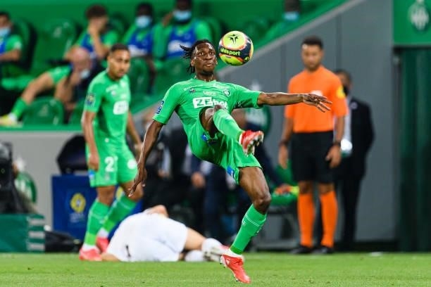 Yvan Neyou of Saint-Étienne controls the ball during the Ligue 1 Uber Eats match between Saint Etienne and Lille at Stade Geoffroy-Guichard on August...