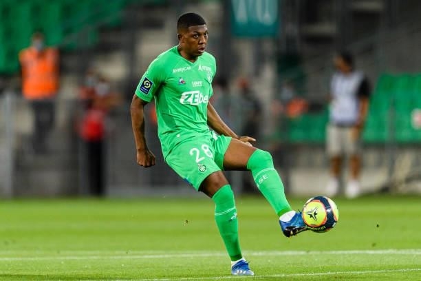 Zaydou Youssouf of Saint-Étienne passes the ball during the Ligue 1 Uber Eats match between Saint Etienne and Lille at Stade Geoffroy-Guichard on...