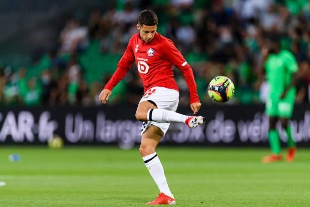 Domagoj Bradaric of Lille warming up during the Ligue 1 Uber Eats match between Saint Etienne and Lille at Stade Geoffroy-Guichard on August 21, 2021...