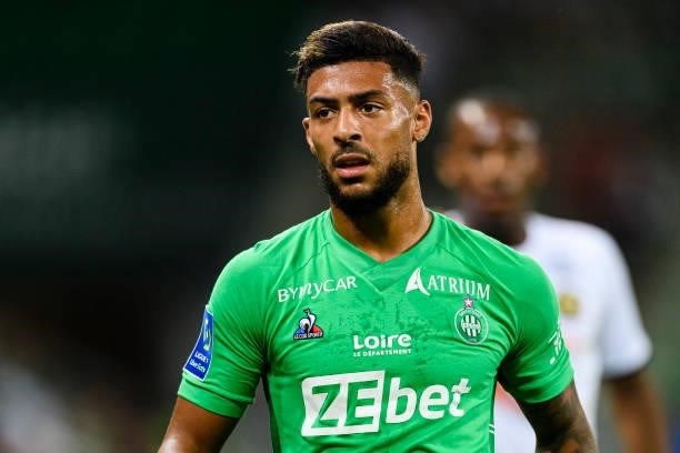 Denis Bouanga of Saint-Étienne walks in the field during the Ligue 1 Uber Eats match between Saint Etienne and Lille at Stade Geoffroy-Guichard on...