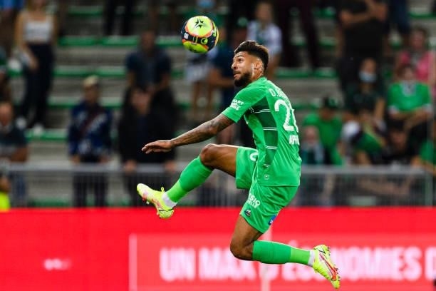 Denis Bouanga of Saint-Étienne controls the ball during the Ligue 1 Uber Eats match between Saint Etienne and Lille at Stade Geoffroy-Guichard on...