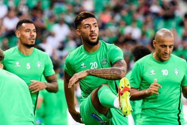 Denis Bouanga of Saint-Étienne warming up during the Ligue 1 Uber Eats match between Saint Etienne and Lille at Stade Geoffroy-Guichard on August 21,...