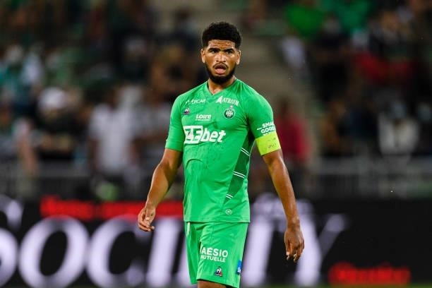 Mahdi Camara of Saint-Étienne walks in the field during the Ligue 1 Uber Eats match between Saint Etienne and Lille at Stade Geoffroy-Guichard on...