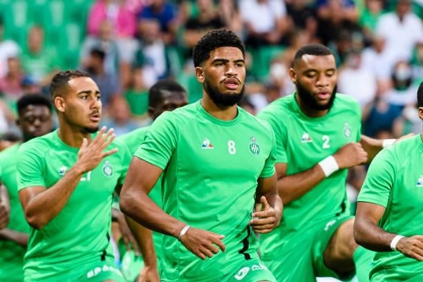 Mahdi Camara of Saint-Étienne warming up during the Ligue 1 Uber Eats match between Saint Etienne and Lille at Stade Geoffroy-Guichard on August 21,...