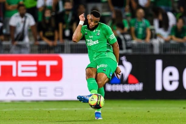 Harold Moukoudi of Saint-Étienne passes the ball during the Ligue 1 Uber Eats match between Saint Etienne and Lille at Stade Geoffroy-Guichard on...
