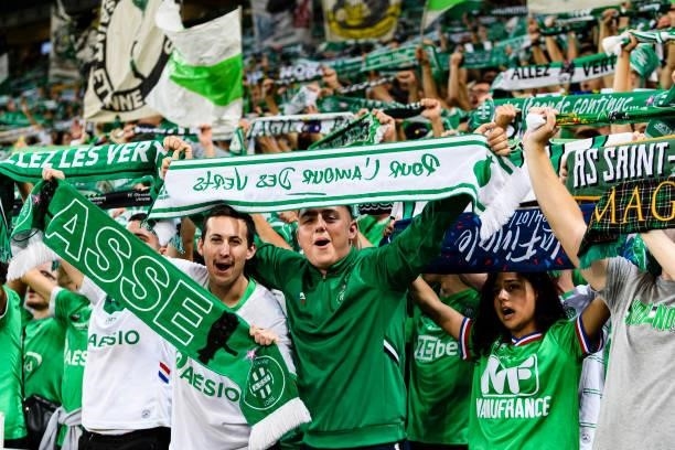 Saint Etienne supporters having fun during the Ligue 1 Uber Eats match between Saint Etienne and Lille at Stade Geoffroy-Guichard on August 21, 2021...