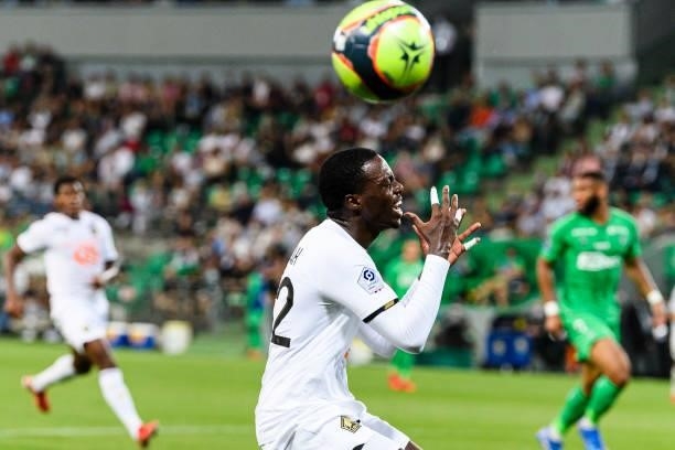 Timothy Weah of Lille reacts during the Ligue 1 Uber Eats match between Saint Etienne and Lille at Stade Geoffroy-Guichard on August 21, 2021 in...