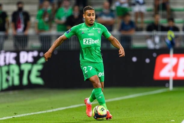 Yvann Macon of Saint-Étienne in action during the Ligue 1 Uber Eats match between Saint Etienne and Lille at Stade Geoffroy-Guichard on August 21,...