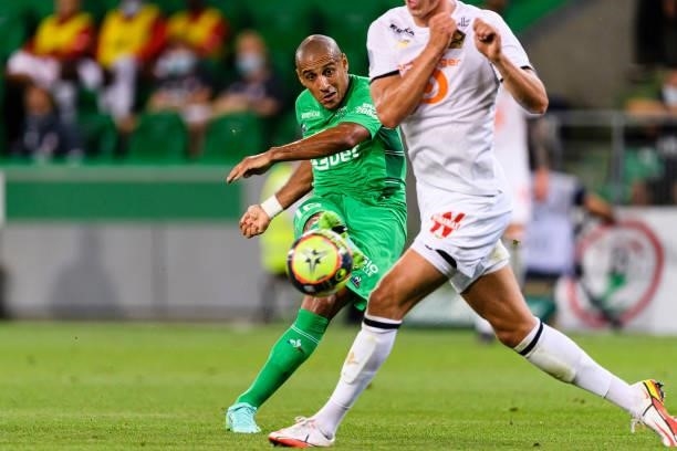 Wahbi Khazri of Saint-Étienne attempts a kick during the Ligue 1 Uber Eats match between Saint Etienne and Lille at Stade Geoffroy-Guichard on August...