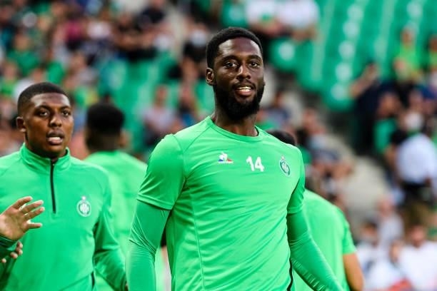 Jean-Philippe Krasso of Saint-Étienne warming up during the Ligue 1 Uber Eats match between Saint Etienne and Lille at Stade Geoffroy-Guichard on...