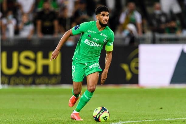 Mahdi Camara of Saint-Étienne in action during the Ligue 1 Uber Eats match between Saint Etienne and Lille at Stade Geoffroy-Guichard on August 21,...